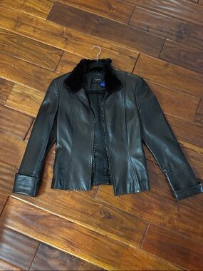 Akris Black Leather Jacket with Fur Collar